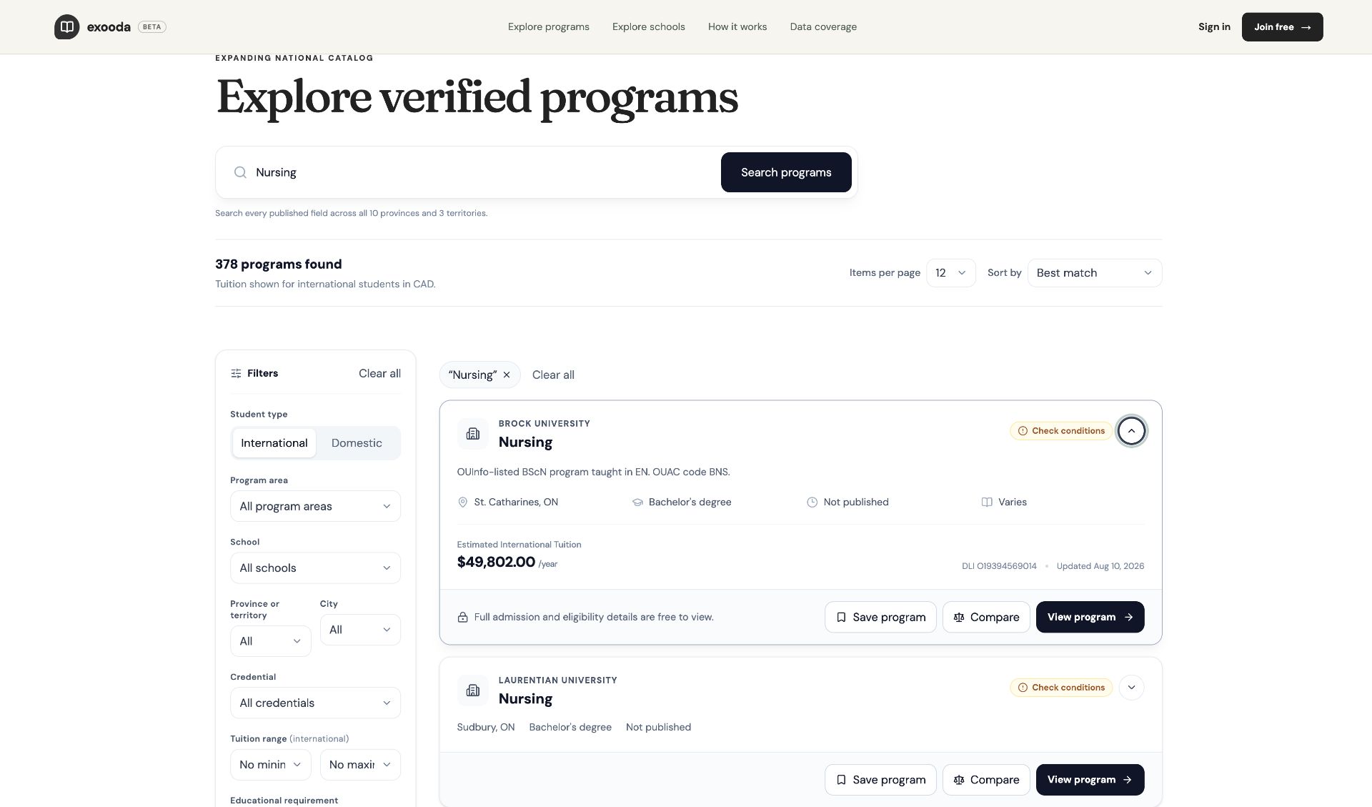 exooda Nursing program detail showing DLI status, conditional assessment, tuition, location, overview, save and compare controls