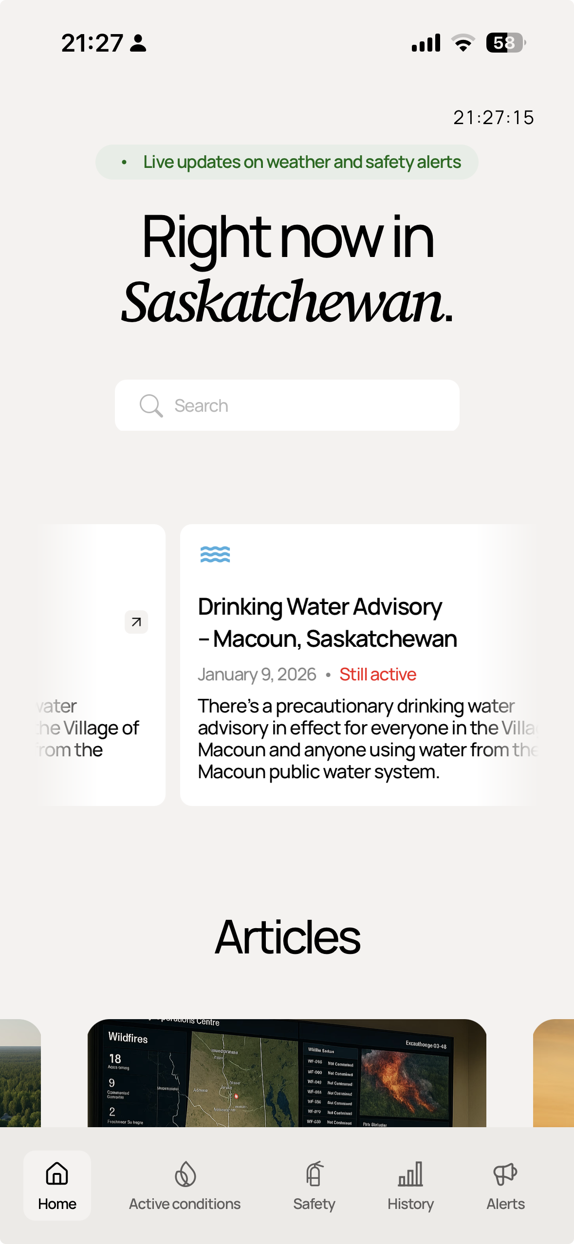Fire eye mobile interface showing current conditions, search and article cards