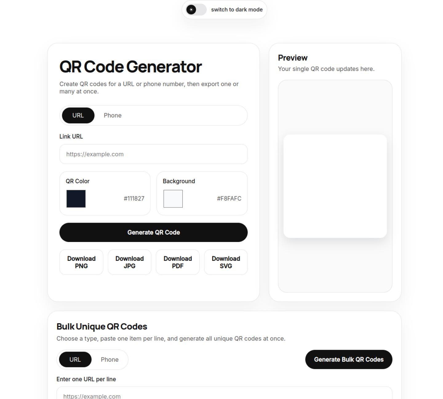 QR Coder desktop interface showing single QR generation, preview and bulk tools