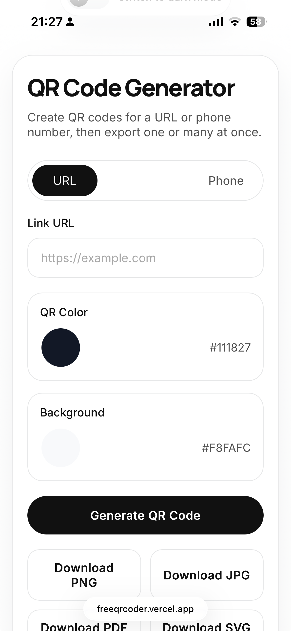 QR Coder mobile interface showing url input, colour controls and export actions