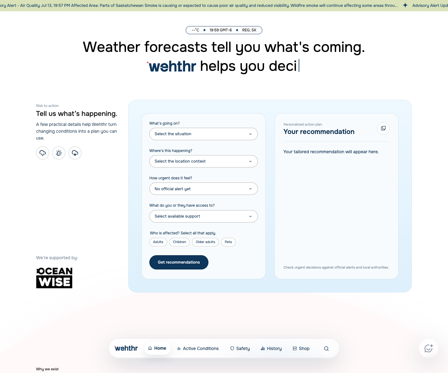 Wehthr desktop interface showing its risk-to-action intake and recommendation panel