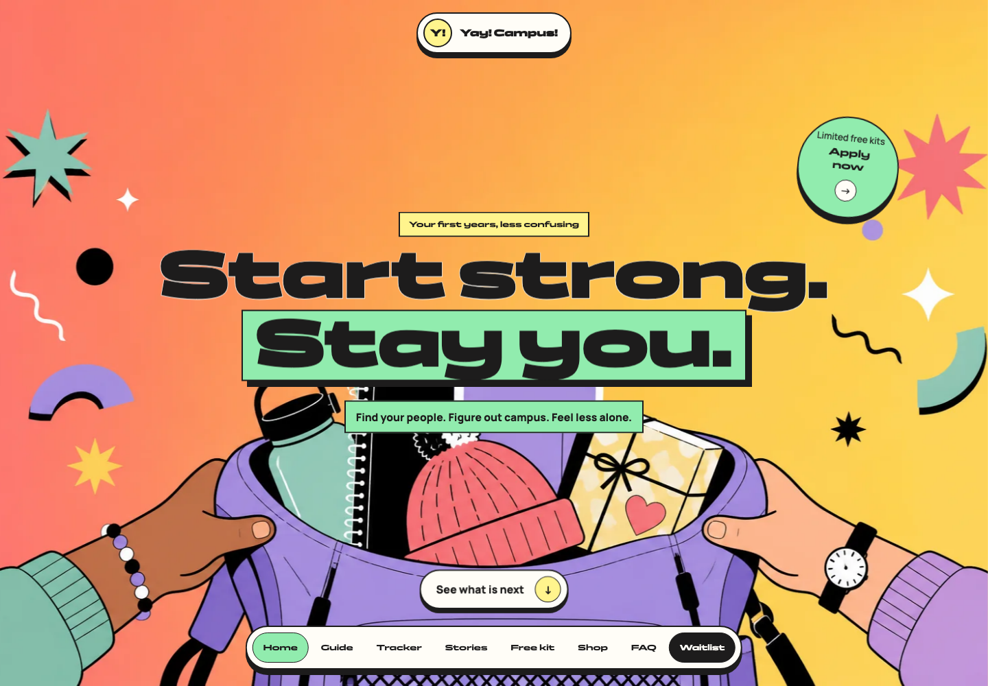 Yay Campus desktop homepage with illustrated backpack, Start strong Stay you headline and primary navigation