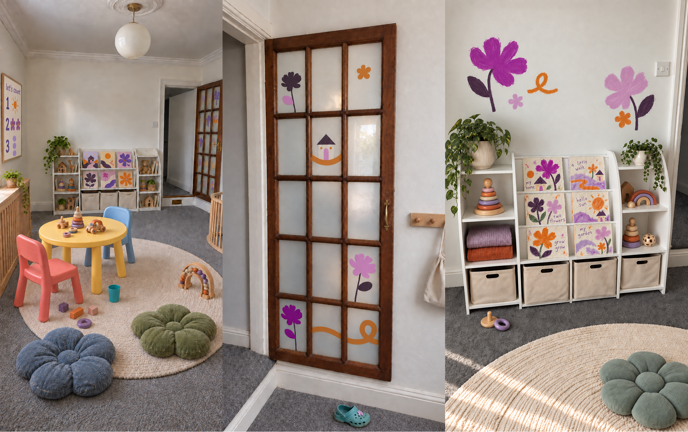 Tender Bloom playroom and reading corner with floral wall graphics